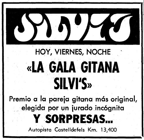 Anunci de la celebraci d'una gala gitana a la discoteca Silvi's de Gav Mar publicat al diari LA VANGUARDIA el 21 d'Agost de 1970